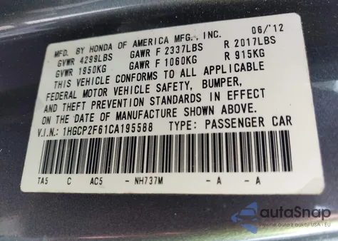 2012 Honda Accord 2.4 Se from USA, damaged, VIN 1HGCP2F61CA195588